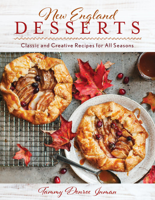 Book cover of 'New England Desserts' with two caramel apple tarts and autumn leaves.